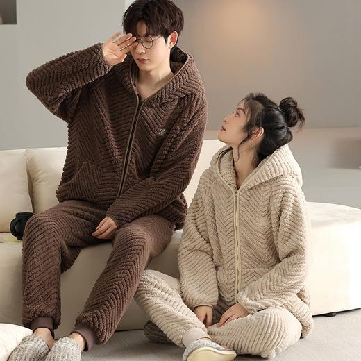 雀说 法兰绒提花连帽拉链款加厚加绒情侣睡衣 商品图0