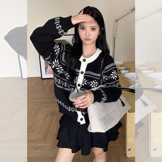 西遇毛衣开衫外套女冬季新款圆领黑白撞色费尔岛针织外套SS051733 商品图3