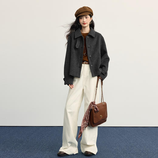 【10/29新品】熙世界星空灰夹棉毛呢外套女秋冬新款羊毛翻领大衣小个子短款上衣 商品图2