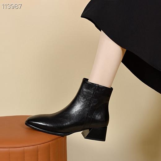 雀说 全牛皮尖头短靴女中跟粗跟靴子  8258 商品图3