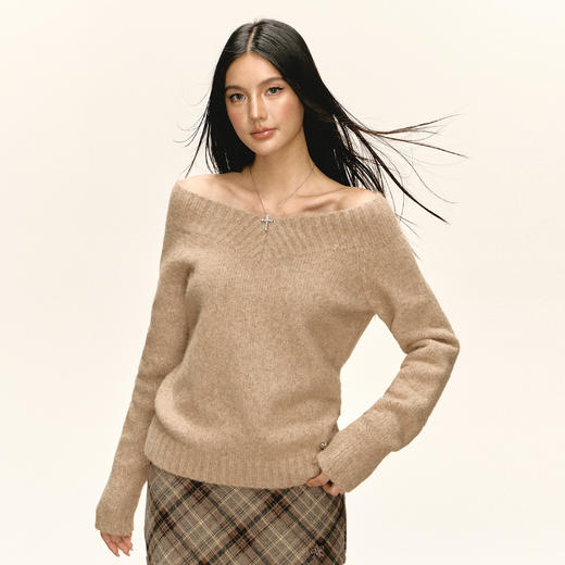 Ariseism 美式复古一字肩针织毛衣女秋季新款修身上衣 商品图0