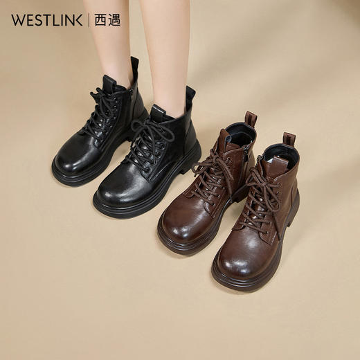 西遇英伦风马丁靴女新款秋冬复古系带单靴圆头粗跟厚底短靴V2257263 商品图0