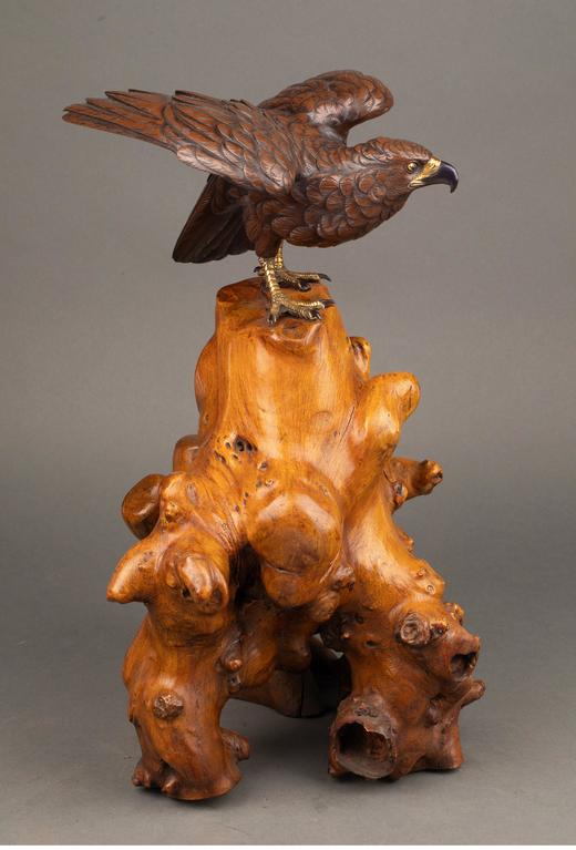 独角鹿西洋古董 1890年代日本明治时期出品硬木底座装饰雄鹰造型镀金赤铜雕塑 商品图3