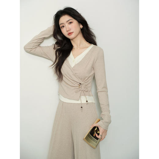 鹿向南「油画风铃」假两件百搭灰色长袖t恤休闲裤女秋穿搭两件套 商品图2