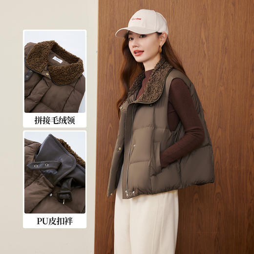 【年终特卖】熙世界琥珀流光风棉服马甲女冬季新款皮拼接毛绒翻领坎肩无袖外套 商品图1