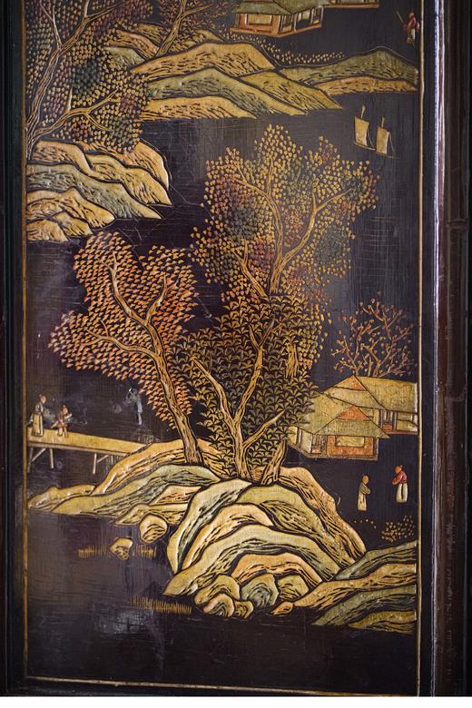 独角鹿西洋古董 「郭子仪祝寿图」主题黑漆地款彩双面六曲屏风 商品图3