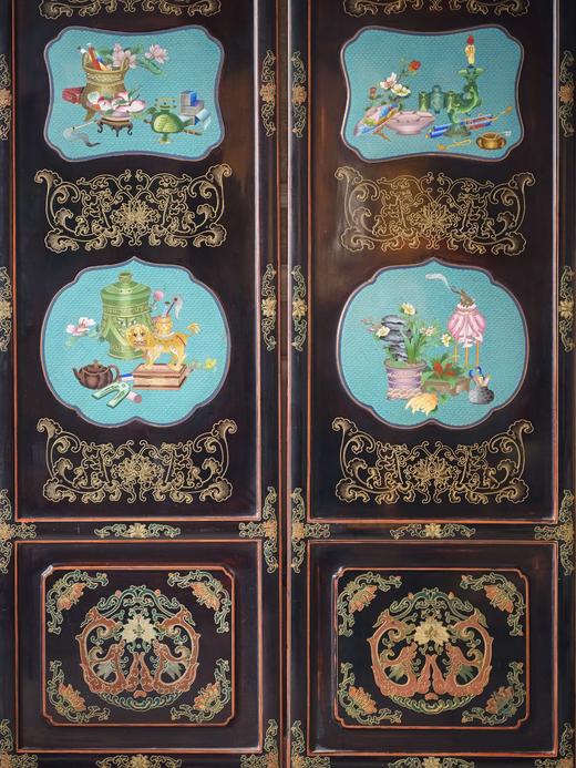 【已售】独角鹿西洋古董20世纪中国出品黑漆木装饰手绘描金嵌清供博古图主题掐丝珐琅六曲屏风 商品图4