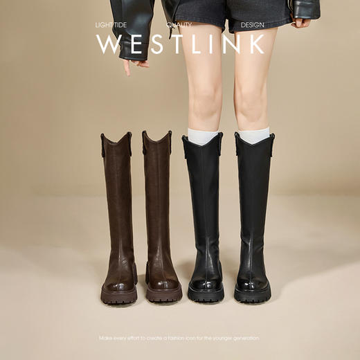 西遇厚底长筒靴女新款秋冬V口百搭圆头瘦瘦靴高筒骑士长靴子V2257271 商品图0