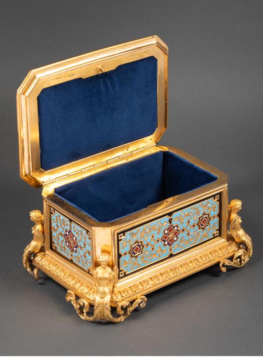 独角鹿西洋古董 19世纪末法国出品古典神话人物主题铜鎏金精雕装饰錾胎珐琅珍宝盒 商品图3