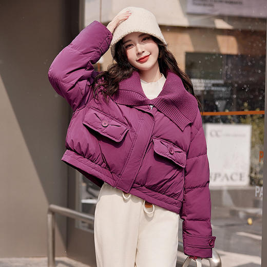 HR SNX2875韩版紫色大翻领外套针织翻领可脱卸羽绒服 商品图2