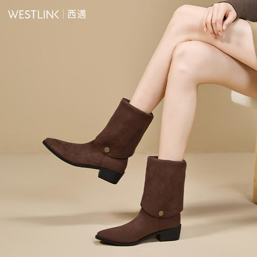 西遇西部牛仔靴女新款秋冬两穿翻筒显瘦堆堆靴尖头粗跟长筒靴V2257247 商品图2