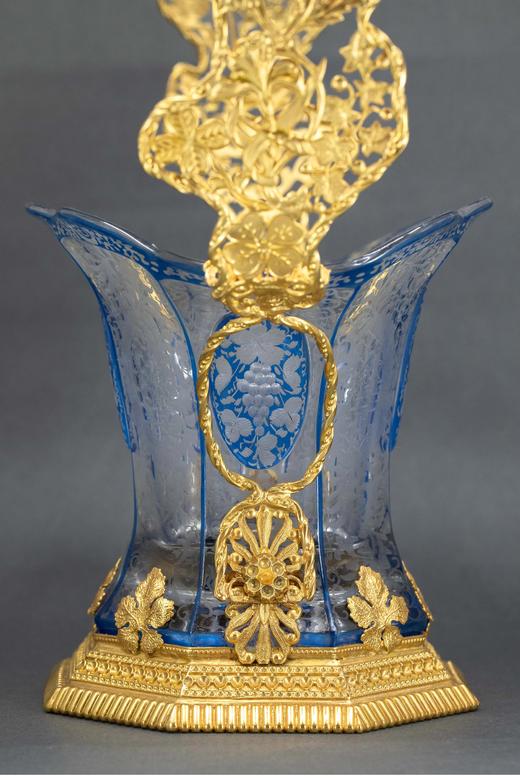 独角鹿西洋古董 19世纪末法国出品新艺术风格昆虫花叶主题铜鎏金精雕装饰蓝色蚀刻水晶花篮 商品图3