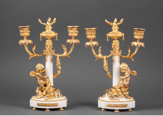 独角鹿西洋古董 19世纪法国出品维纳斯与丘比特主题铜鎏金精雕镶嵌白色大理石座钟烛台三件套 商品图6