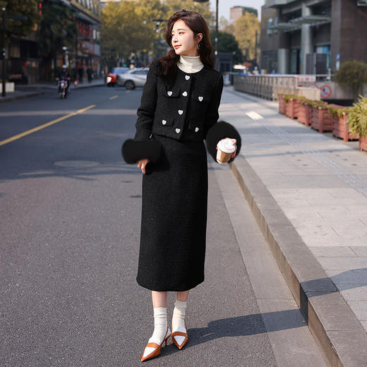 HR SNX2893小香风时尚套装裙气质毛呢子羽绒外套半身裙两件套 商品图3