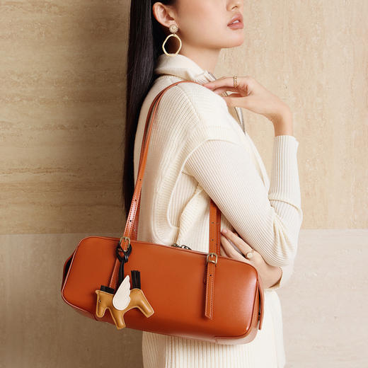 真皮腋下包复古保龄球包，百搭包包小众植鞣头层牛皮包手提包女包QSL-3186 商品图1