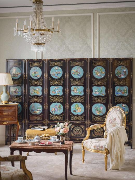 【已售】独角鹿西洋古董20世纪中国出品黑漆木装饰手绘描金嵌清供博古图主题掐丝珐琅六曲屏风 商品图0