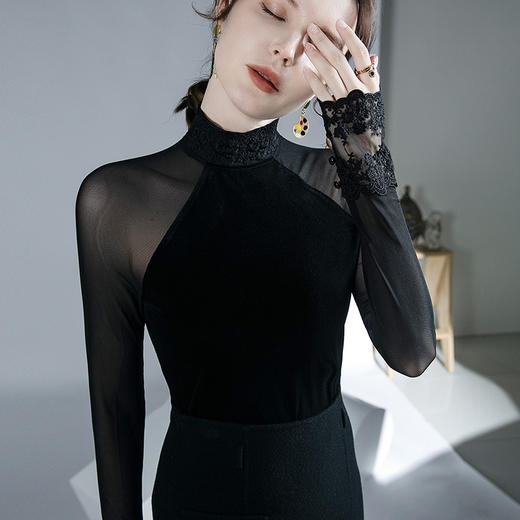 洋气欧货网纱微透拼接黑色上衣，丝绒秋冬新款内搭打底衫XD-F20223986 商品图3