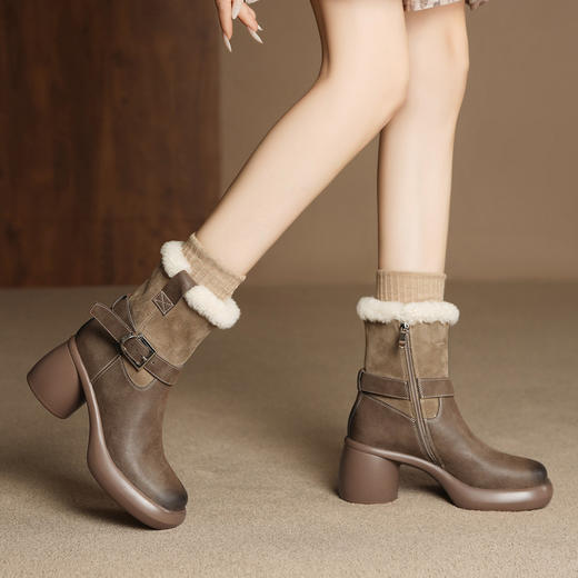 【预售5天】冬季新款时尚粗跟时装靴英伦风黑色高跟小短靴增高显瘦女靴子MLD&AM828 商品图3