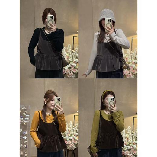 25AW上新【现货折上95折】 佳佳同款【栗子松饼】纯色基础长袖T恤+可调节绒感小吊带上衣套装 商品图0