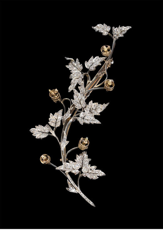 独角鹿西洋古董 1850年代法国出品花卉主题黄金底纯银镶嵌钻石En Tremblant颤动式可拆卸多功能胸针 商品图7