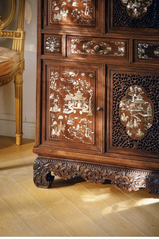 【已售】独角鹿西洋古董 19世纪末亚洲出品传统亭台人物主题螺钿镶嵌边柜 商品图7