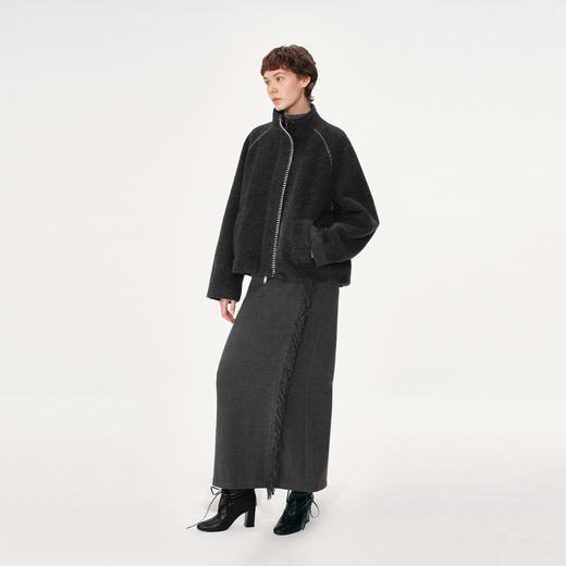 NUTH羊毛混纺撞色编织边宽松廓形毛呢外套女 深灰色（发货时间同步天猫） 商品图0