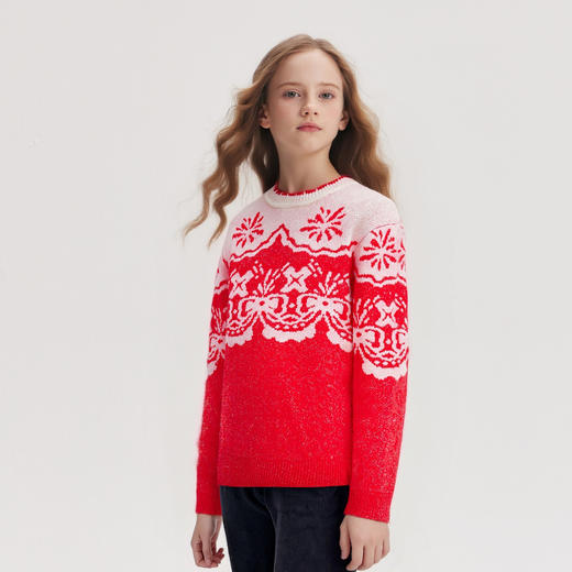 笛莎Deesha 童装女童毛衣2025冬新款花纹提花红色毛衣 商品图1