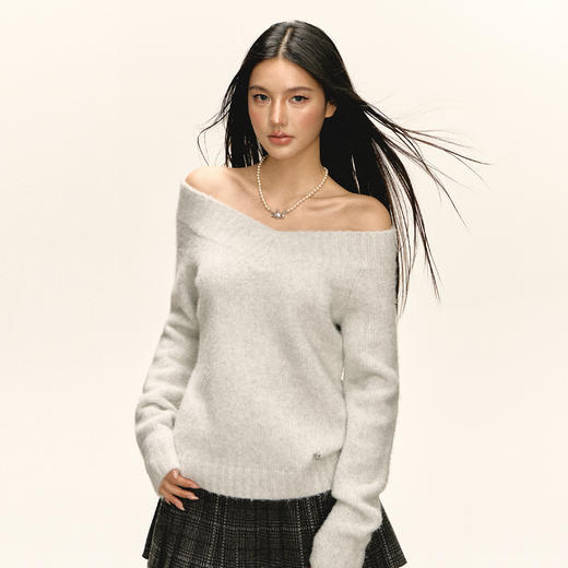 Ariseism 美式复古一字肩针织毛衣女秋季新款修身上衣 商品图2