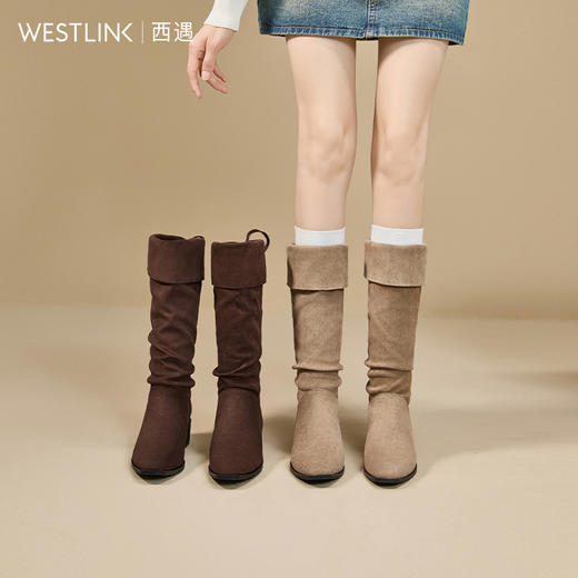 西遇复古堆堆靴女新款秋冬美拉德西部牛仔靴粗跟尖头长筒靴子V2257246 商品图0