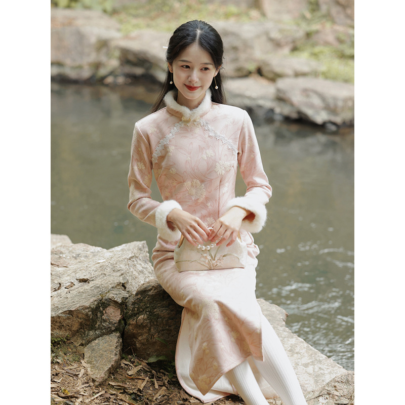 《浮雪》清新双色年轻款改良收腰冬季旗袍，减龄少女连衣裙LSB3381