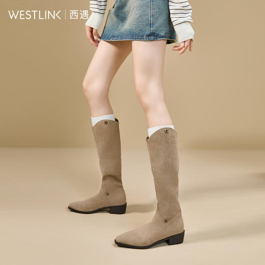 西遇西部牛仔靴女新款秋冬两穿翻筒显瘦堆堆靴尖头粗跟长筒靴V2257247 商品图3