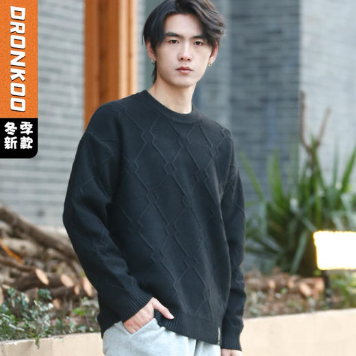 DRONKOO 2025 圆领立体菱形格纹提花厚毛衣 商品图0
