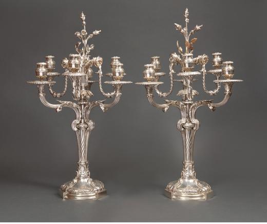 独角鹿西洋古董 19世纪法国出品路易十五风格玫瑰花叶主题镀银精雕六枝头烛台一对 商品图0