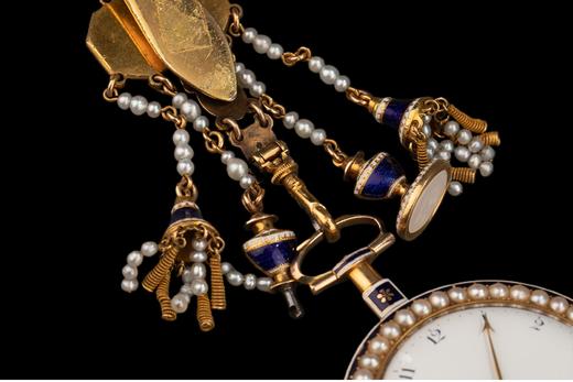 独角鹿西洋古董 1780年代英国出品自然叶纹主题18K黄金镶嵌钻石天然海水珍珠及玑镂珐琅腰链式怀表 商品图4