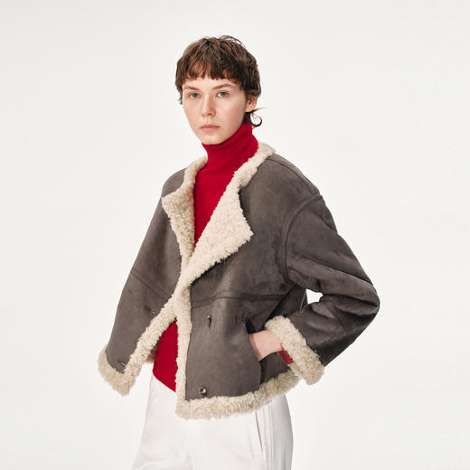 NUTH灰色皮毛一体宽松短款厚外套女 商品图3