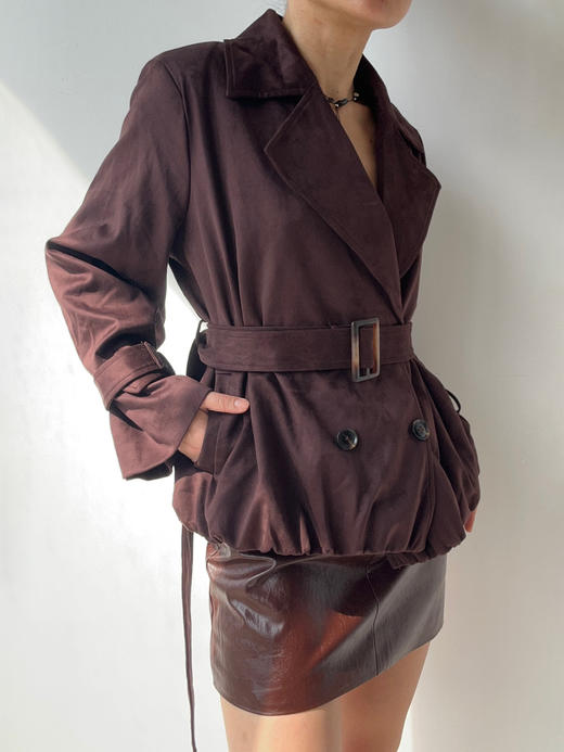 SIJIA｜AW2506 酒红麂皮收腰短皮风衣 商品图8