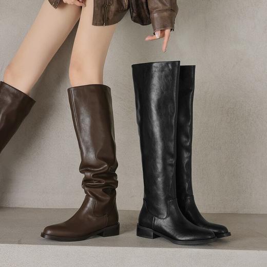 【预售7天】真皮圆头粗跟骑士靴，过膝高筒靴大筒围显瘦堆堆靴KYD&KK10557 商品图4