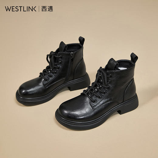 西遇英伦风马丁靴女新款秋冬复古系带单靴圆头粗跟厚底短靴V2257263 商品图4