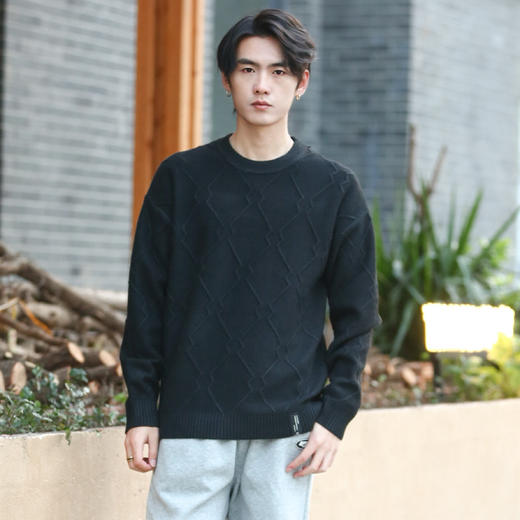 DRONKOO 2025 圆领立体菱形格纹提花厚毛衣 商品图3