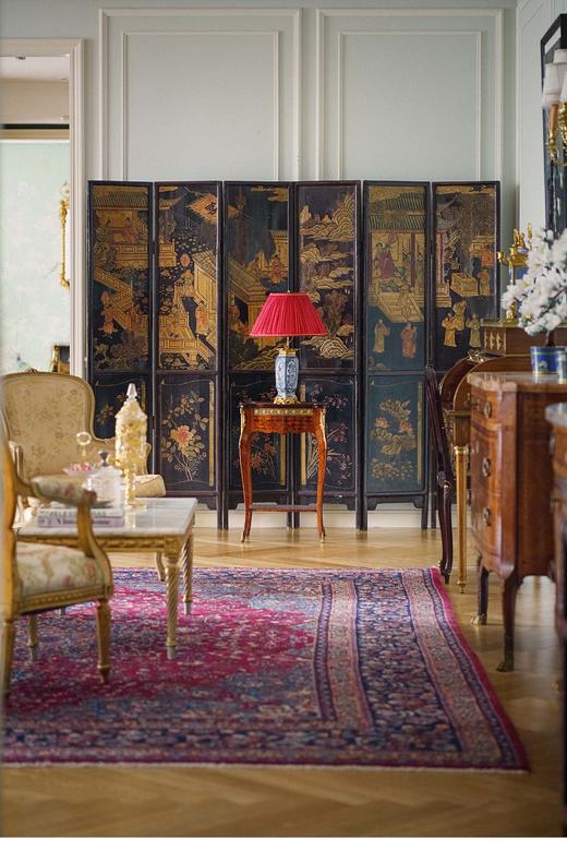 独角鹿西洋古董 「郭子仪祝寿图」主题黑漆地款彩双面六曲屏风 商品图0