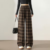西遇咖色格纹直筒裤女新款复古高腰抽绳休闲百搭休闲裤D0043924（单层） 商品缩略图0