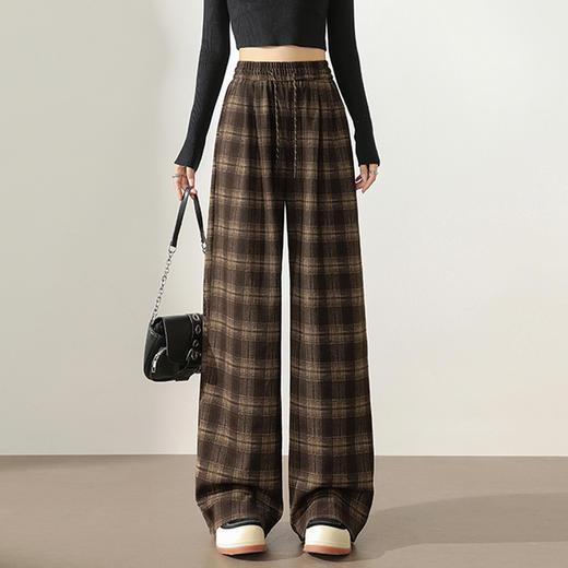 西遇咖色格纹直筒裤女新款复古高腰抽绳休闲百搭休闲裤D0043924（单层） 商品图0