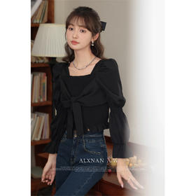 鹿向南「韵律褶皱」法式设计感方领黑色衬衫女秋季蝴蝶结显瘦上衣