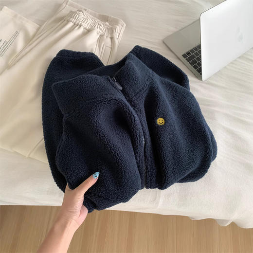 刺绣笑脸！2025藏青色立领羊羔毛外套女暖乎乎加厚保暖小个子冬季拉链衫 商品图2