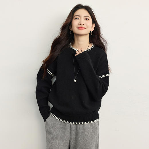 【年货节】熙世界撞色贝壳绣毛衣女宽松慵懒黑色落肩长袖针织衫2025秋冬新款 商品图4