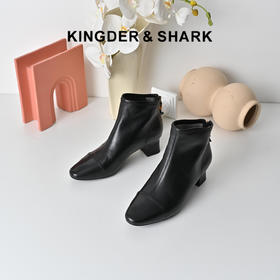 经典鲨2025冬专柜新品尖头羊皮革加绒加厚高粗跟气质短靴女KW117-558121