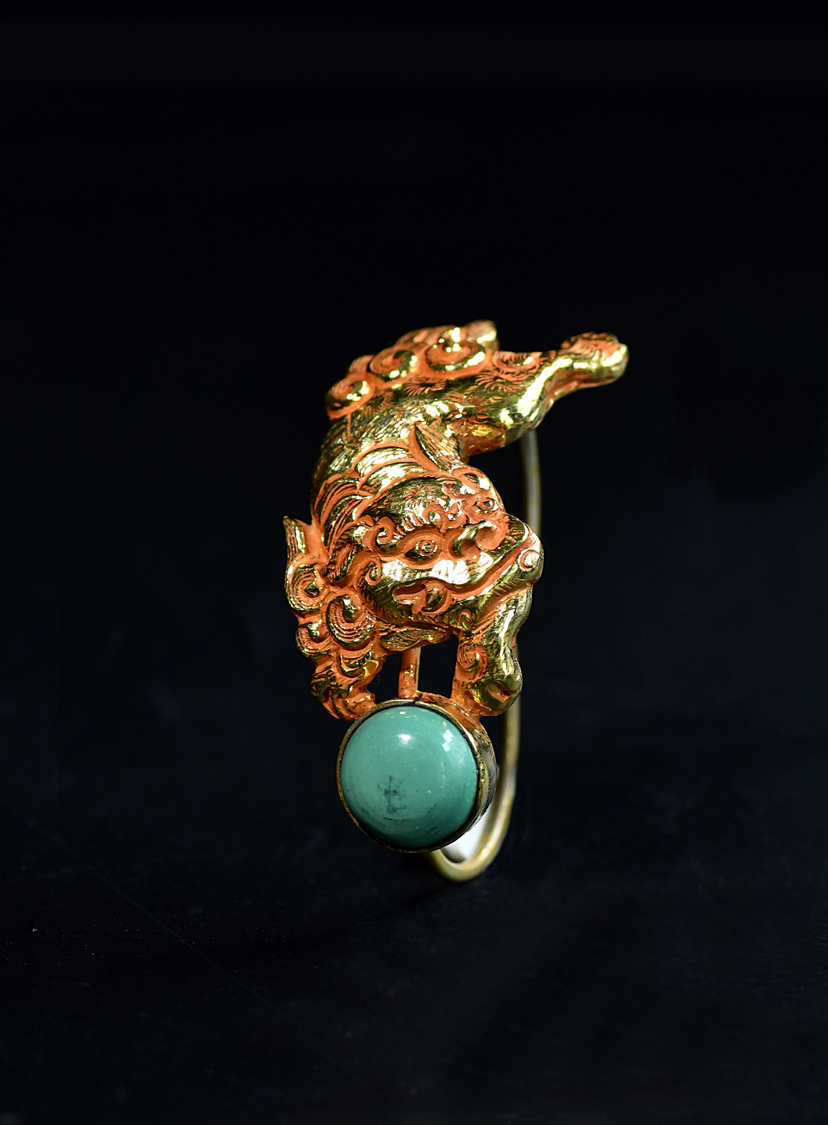 尼泊尔水银鎏金狮子松石戒指