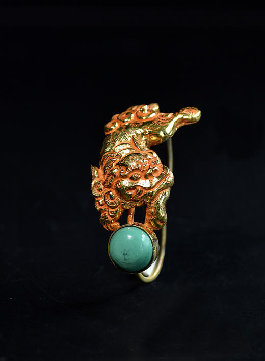 尼泊尔水银鎏金狮子松石戒指 商品图0