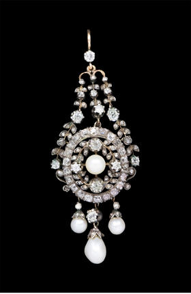 独角鹿西洋古董 19世纪法国出品自然花叶主题黄金底纯银镶嵌钻石及天然海水珍珠流苏造型耳坠一对