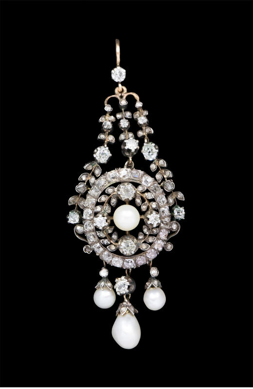 独角鹿西洋古董 19世纪法国出品自然花叶主题黄金底纯银镶嵌钻石及天然海水珍珠流苏造型耳坠一对 商品图0